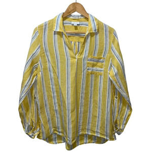 J. Jill Women's 100% Linen Striped Pullover Top Size Medium Yellow Long Sleeve